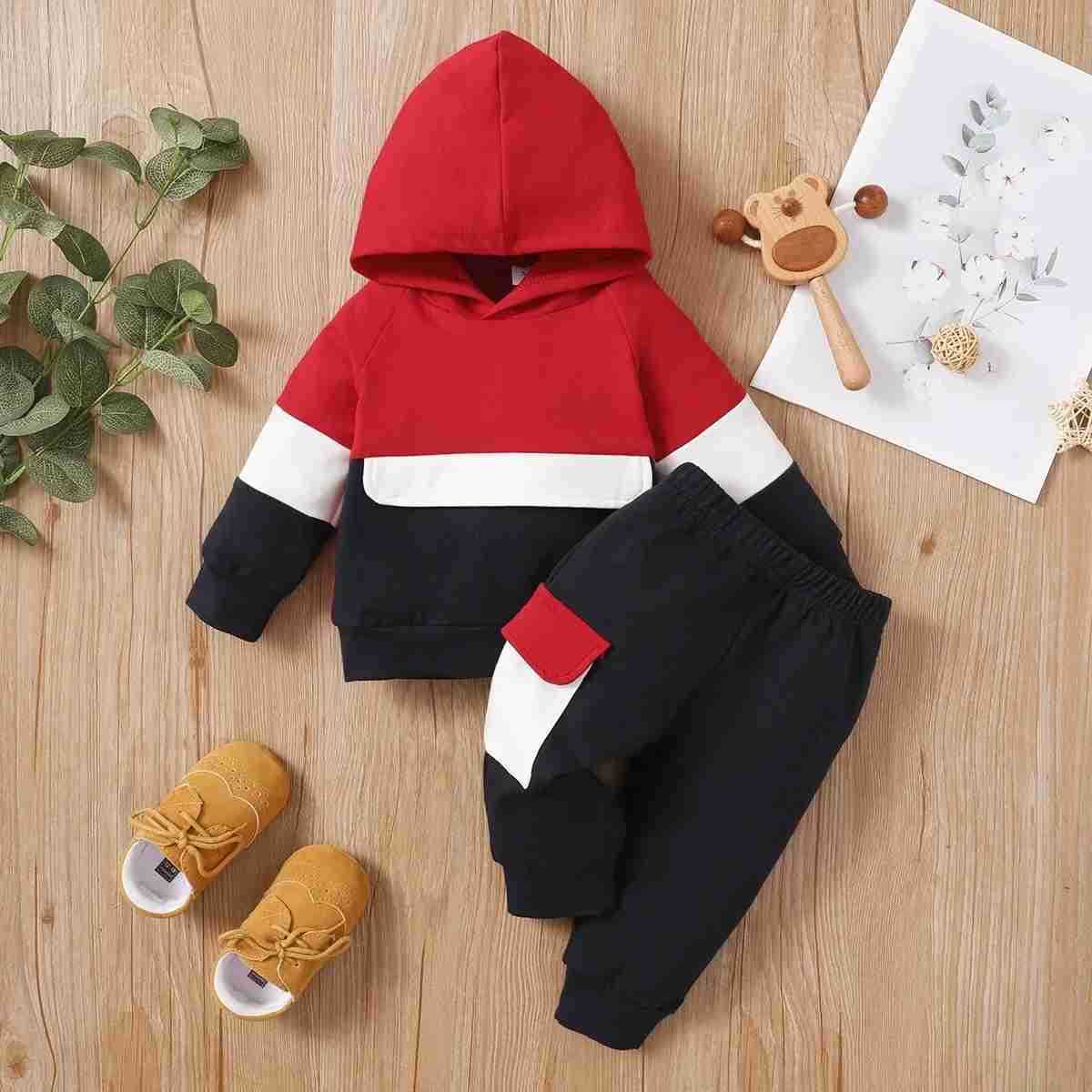 2pcs Baby Color Block Long-sleeve Hoodie and Trousers Set Soft and Comfortable Perfect for Outings and Daily WearXJ241205