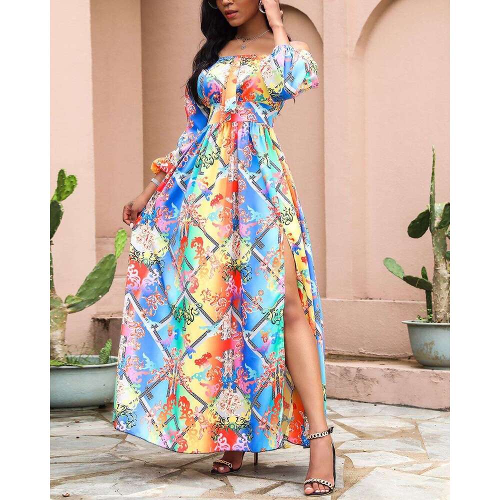 European and American Dress Printed V-neck Retro Long Sleeve Large Swing Open Skirt 2024 New Casual Versatile Fashion Clothing