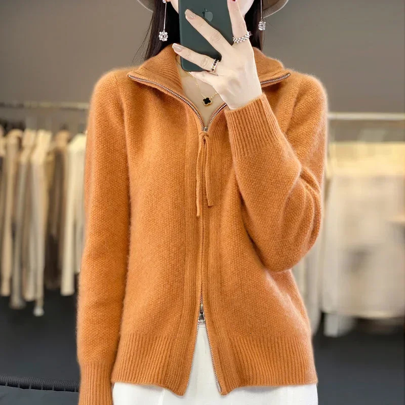 Womens 100% Merino Wool Knitting Sweater Turndown Collar Cardigan AutumnWinter Thick Tops Cashmere Double Zipper Soft Jacket 241204