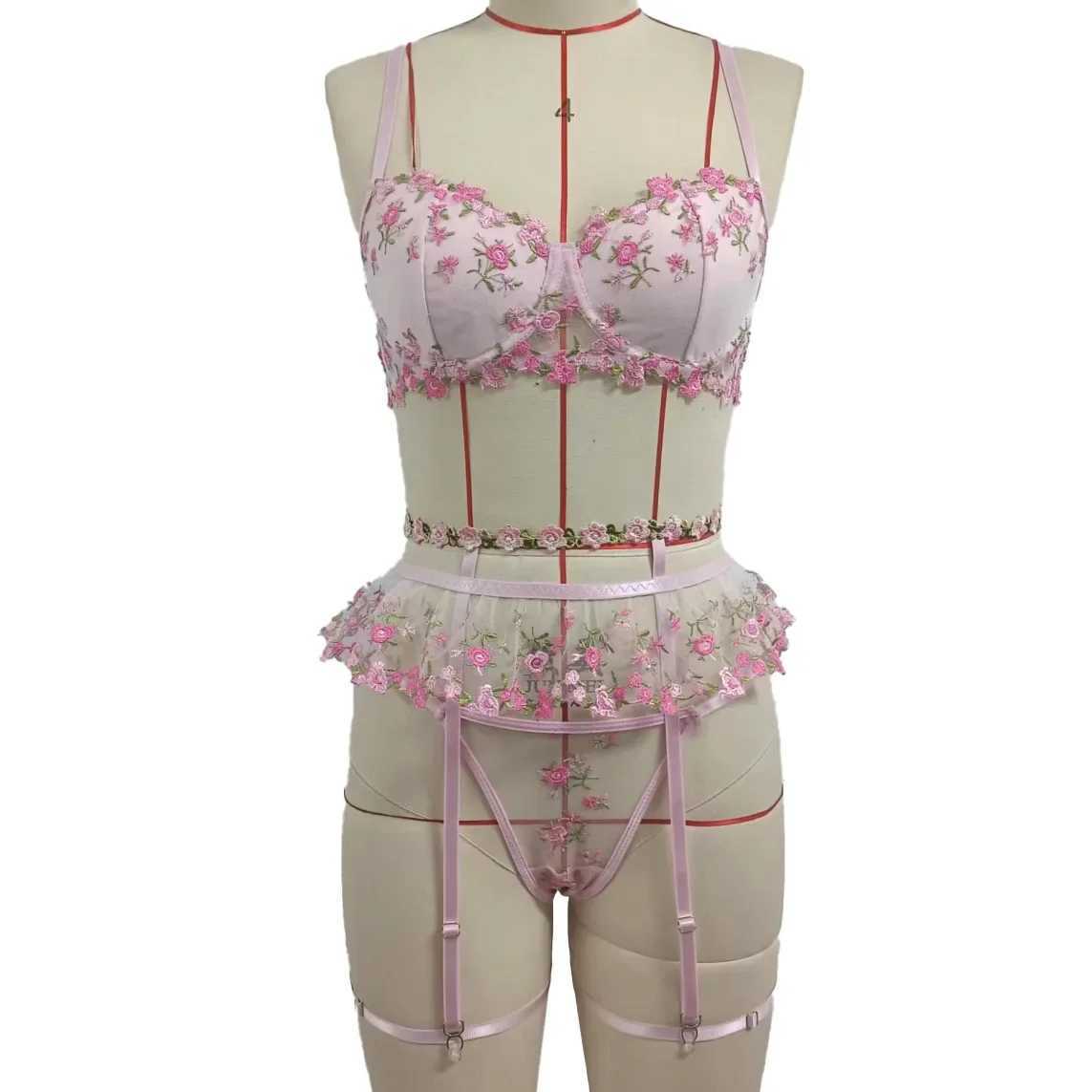 Sexy Floral Embroidery Lingerie Set Autumn Pure Desire Style Hollow Out Lace Underwear Bra Female Sweet Pink Exotic Apparel SuitXJ241205