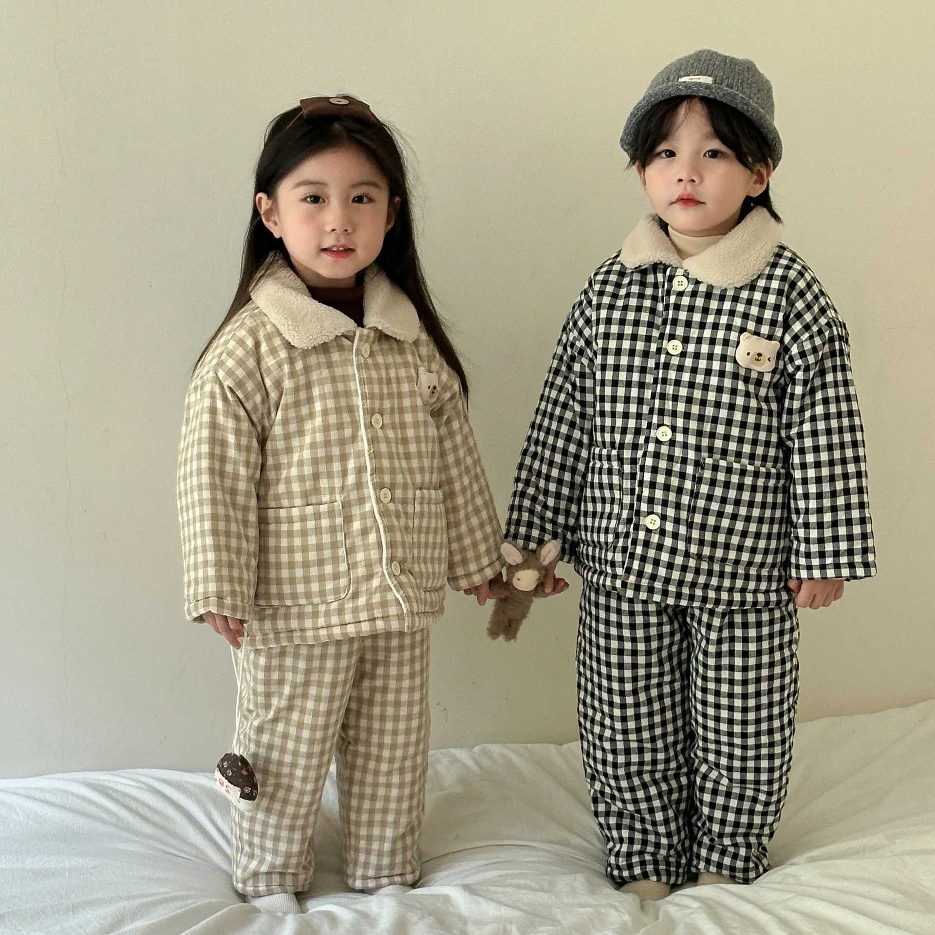 Pajamas Winter Childrens Boys Sleepwear Thick Warm Plush Three Layer Cotton Padded Plaid Baby Boys Pajamas Kids Boys Homewears Set H241205