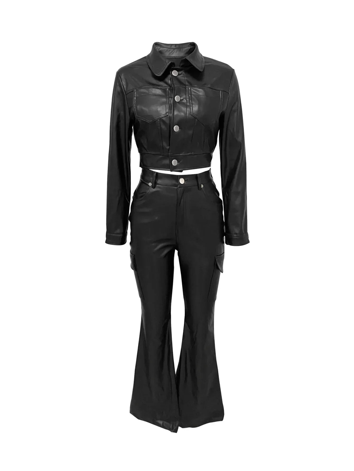 Leather Jackets Sexy 2 Piece Pant Set Sexy Outfits Joggers Women Tracksuits Elegant Sexy Crop Tops Coats Two Piece Pant Sets 241204