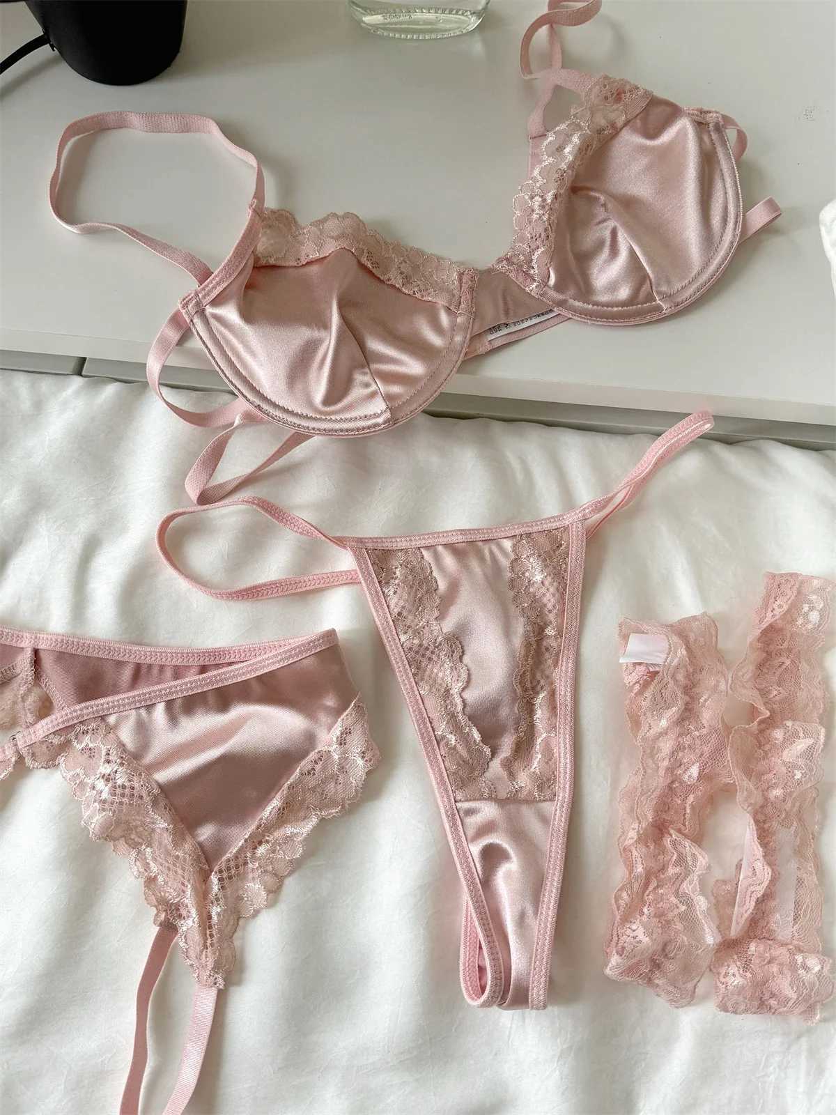 Satin mesh lingerie ultra-thin women large breast underwear sexy lace adjustment bra set pink female braletteXJ241205