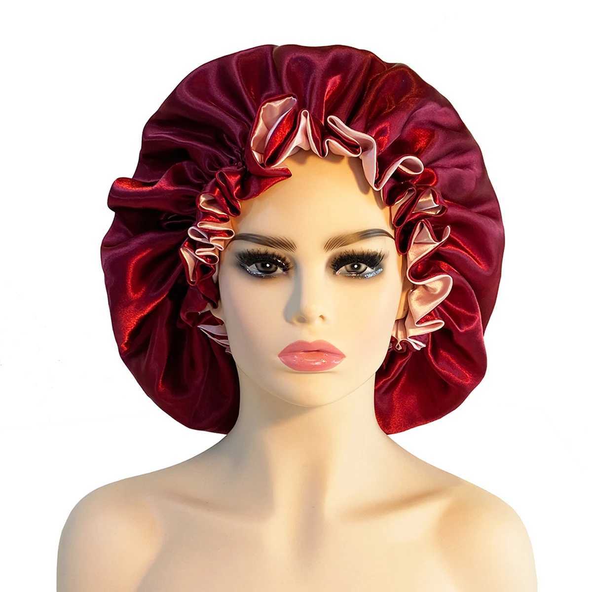 1PCS New Women Big Size Beauty Satin Lined Bonnet Women Beauty Satin Silk Bonnet Sleep C Hat For Curly Springy Hair BlackXJ241205