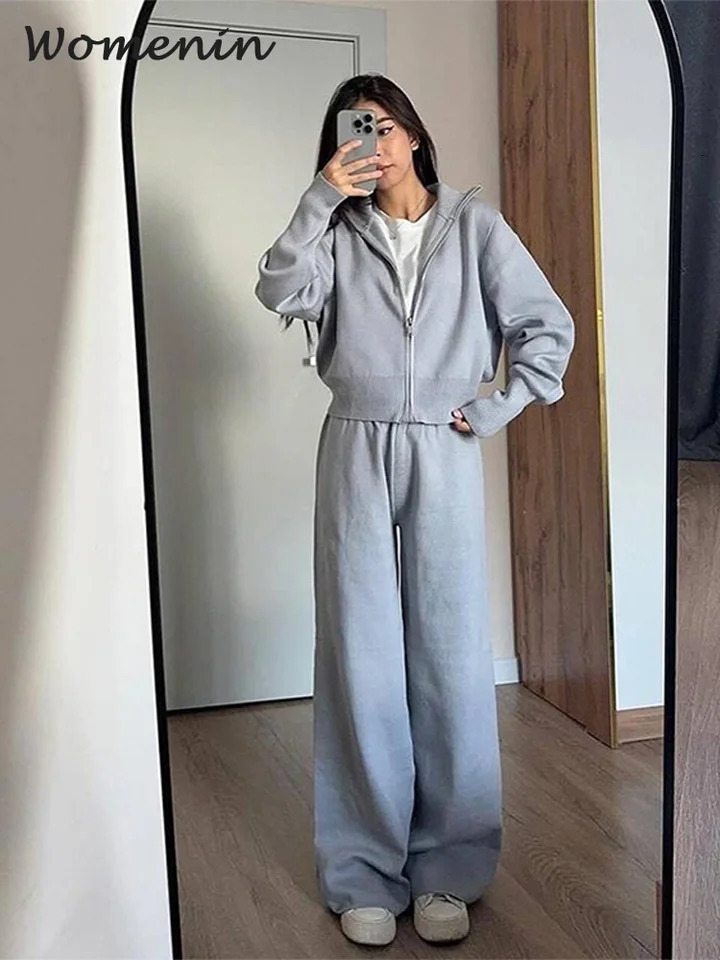 Casual Knitted Cardigan Pants Sets 2 Pieces For Women Stand Collar Zipper Coat Wide Leg Trouser 2024 Autumn Lady Solid Tracksuit 241204