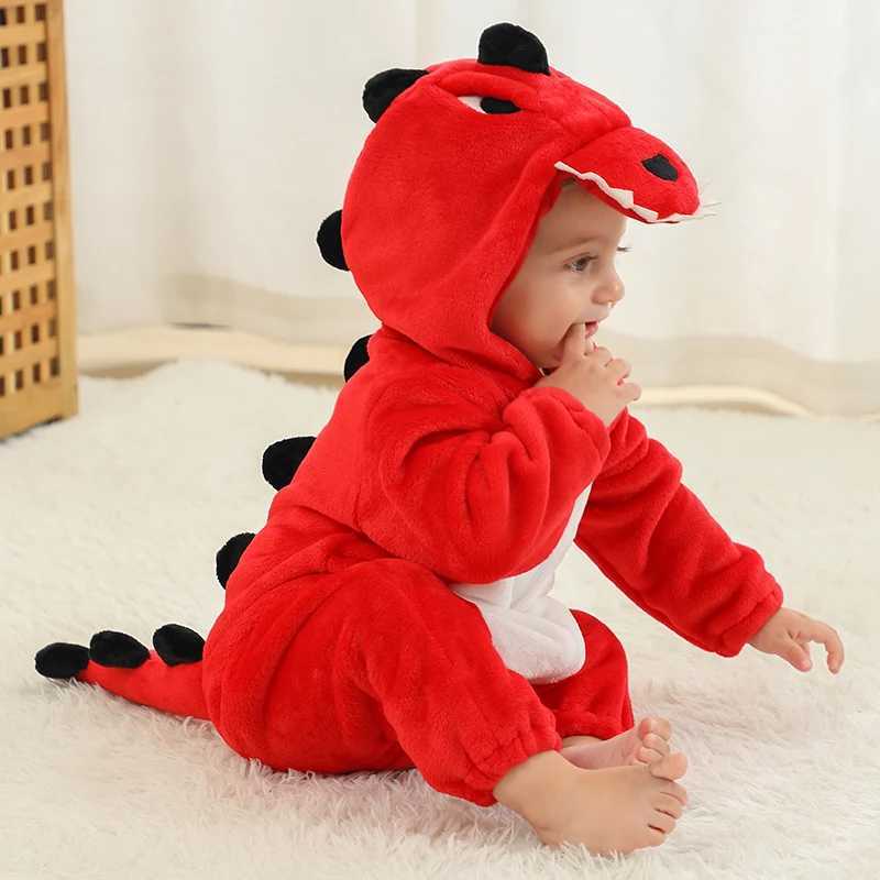 Pajamas Halloween Dinosaur Baby Romper Winter Flannel Toddler Infant Clothes Hooded Overalls Bodysuit Jumpsuit Kigurumi Costume For Kids H241205