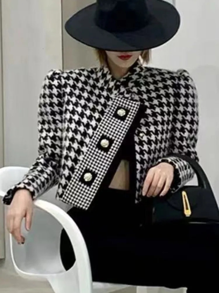 Houndstooth retro tweed jacket coat autumn winter fashion high street small perfume wool jacket 241205