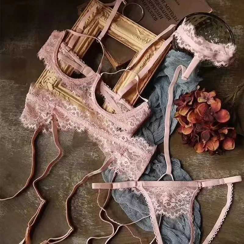 Sexy lingerie lace bra hollow steel support four-piece underwear set hanging neck garter belt open pantiesXJ241205