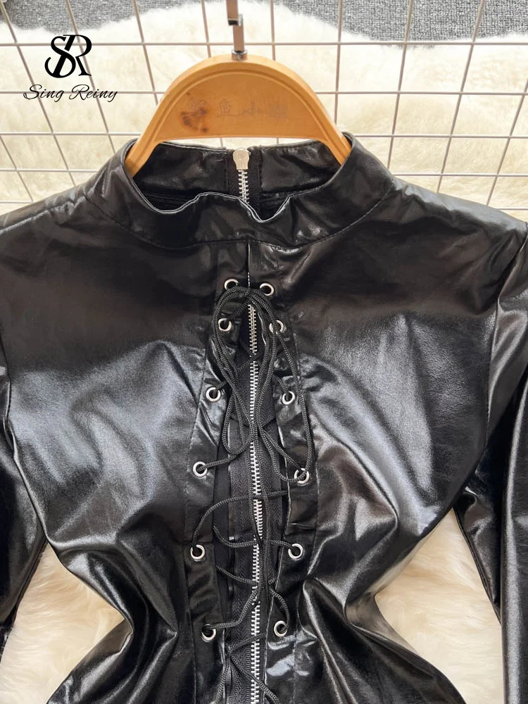 SINGREINY Autumn Drawstring PU Leather Sexy Rompers Women Zipper Open crotch Slim Bodysuits Fashion Corset Streetwear Playsuits 241205