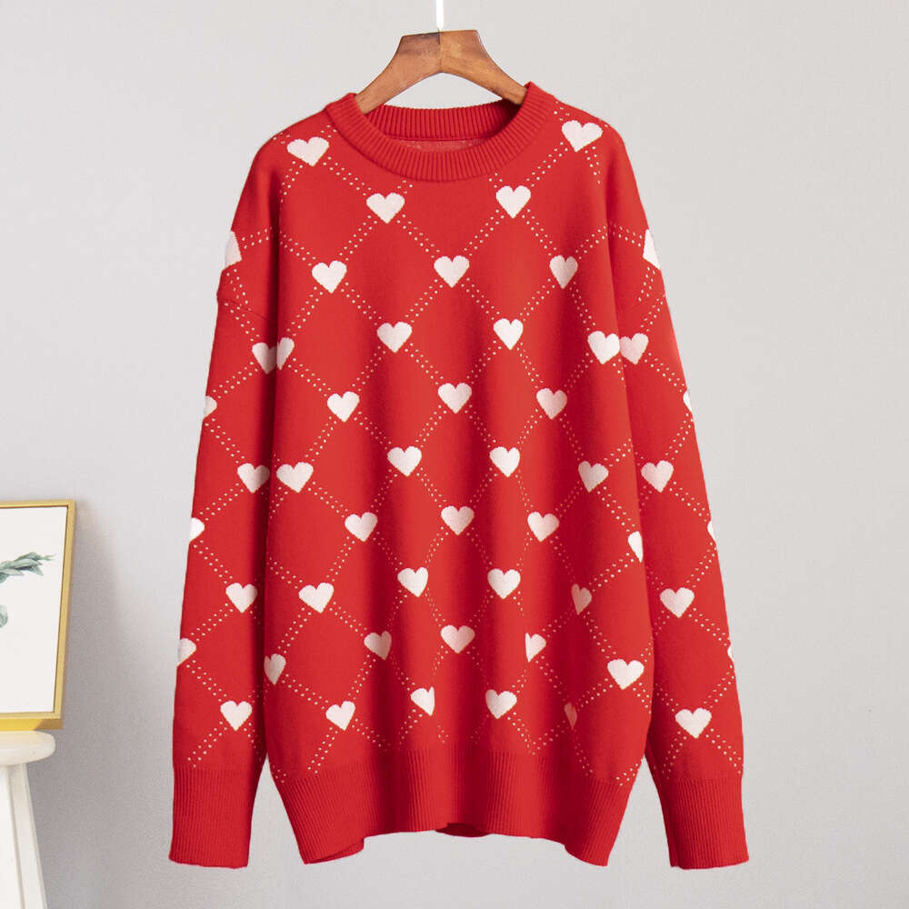 Love European American autumn and winter medium long knitted love pullover round neck sweater 2024 new style temperament chic elegant clothing
