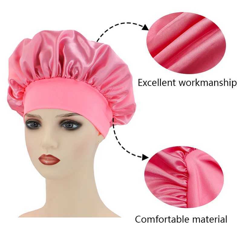 Solid Color Womens Satin Wide-brimmed Sleeping Hat Unisex Silk Imitation Head Wr Elastic Band C Hair Care Bonnet Night HatXJ241205