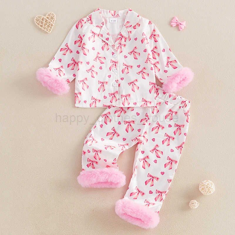 Baby Girl Silk Pajamas Set Floral Girl Button Down Feather Trim Sleeve Shirts and Pants Valentines Day Satin Pj SetsXJ241205