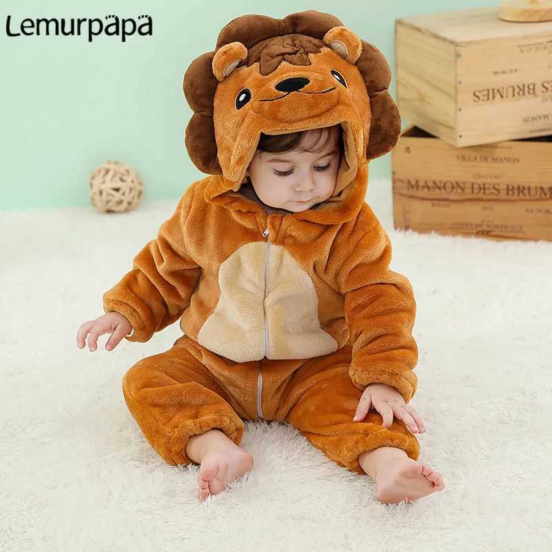 Pajamas Baby Boys Girls Thicken Onesie Infant Winter Warm Zipper Hoodie Jumpsuit Anime Cartoon Lion Rompers Pajamas H241205