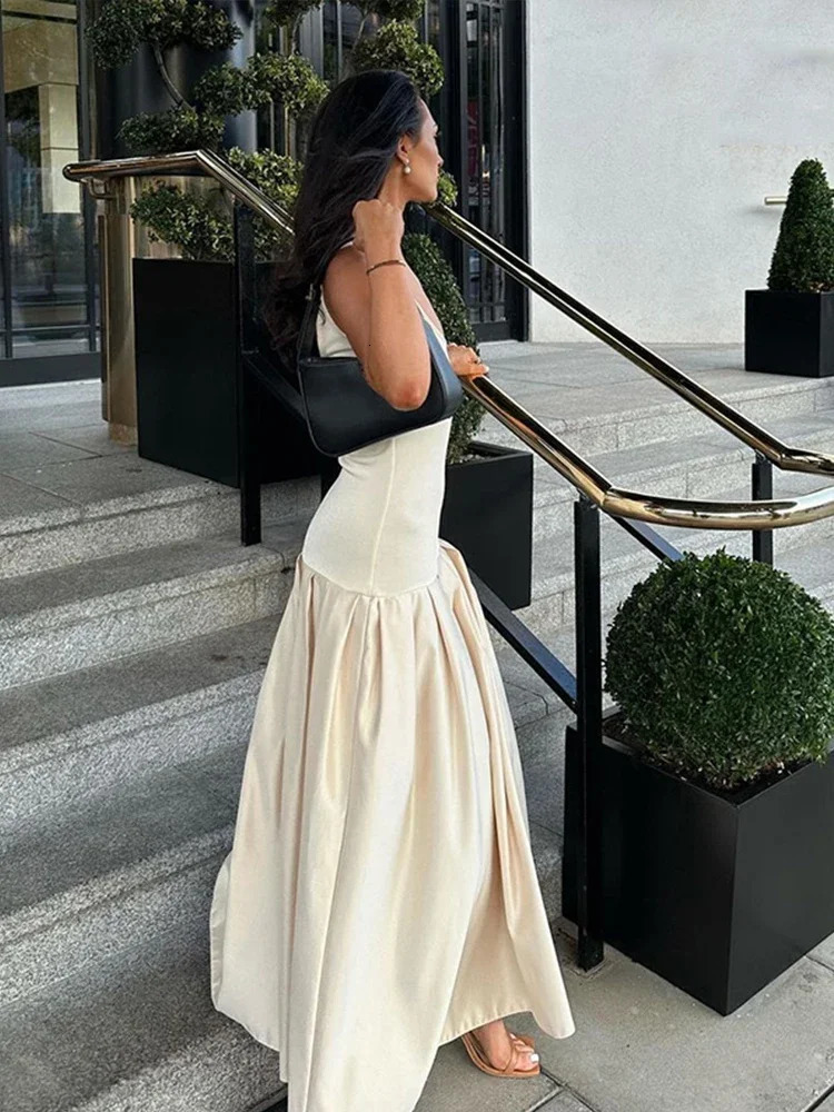 Elegant Patchwork Long Dresses Women Square Collar Sleeveless A Line Slim Dress Female Summer Fashion Lady Party Vestidos 241205