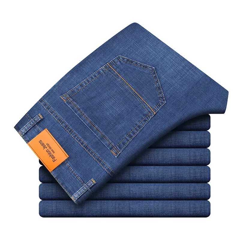 Mens pants office jeans mens classic blue black cotton stretch straight denim pants mens brand Trouser W241205