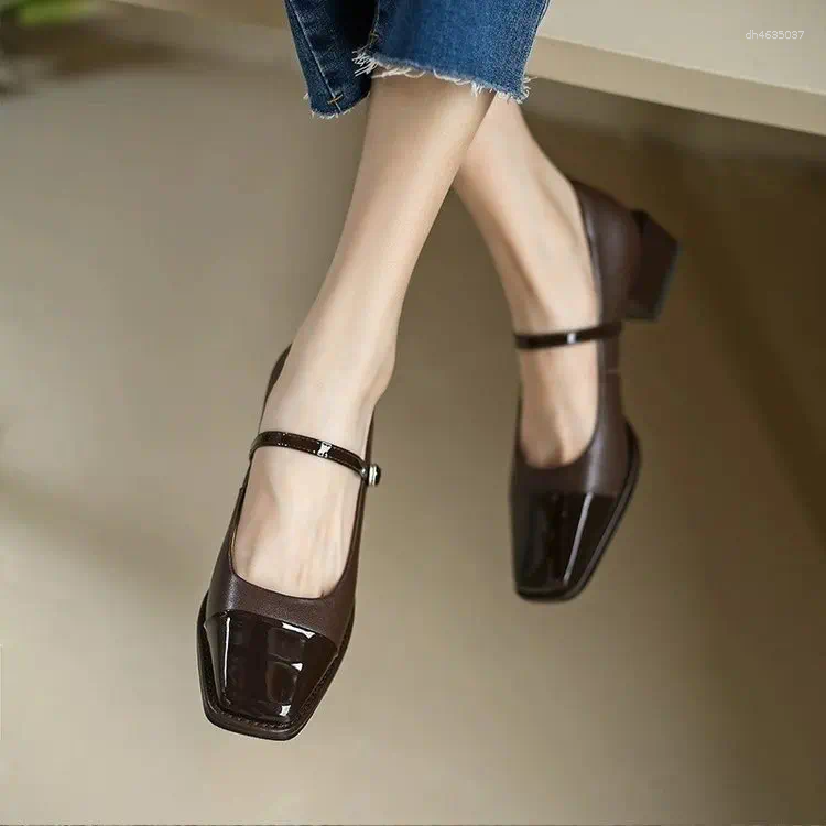 Dress Shoes Leather Women French Color Matching Pumps Female Mary Jane High Heels Small Heel Ladies For zhanyishengli
