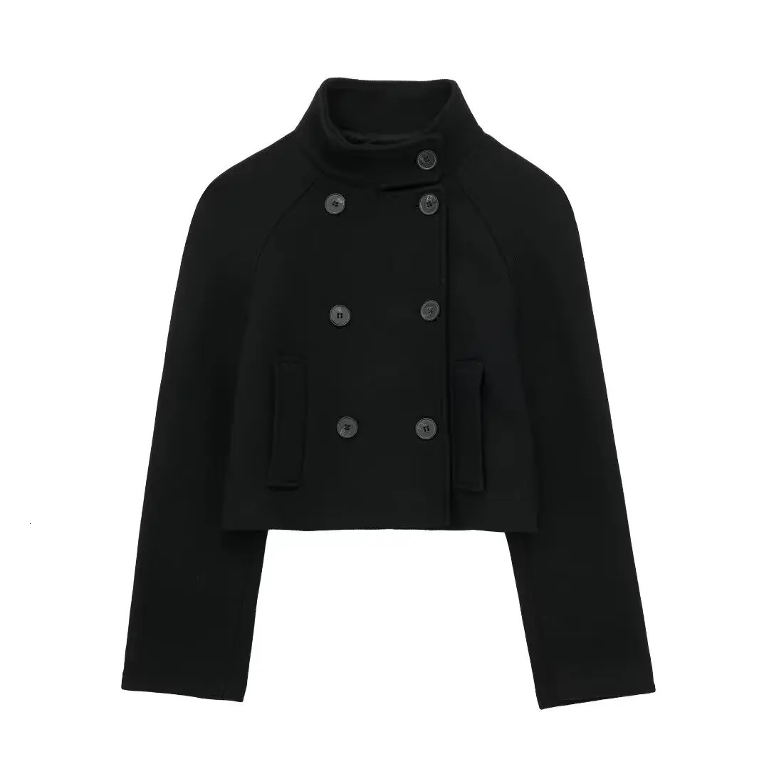 TRAF Black Tweed Cropped Jackets for Women Double Breasted Coat Woman Winter Long Sleeve Womens Jacket Autumn Outerwears 241205