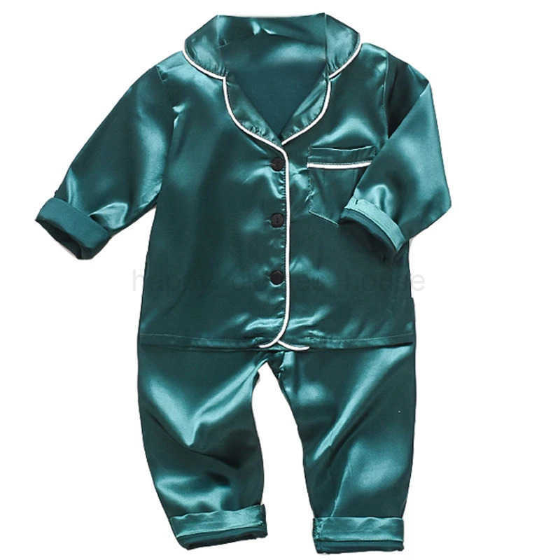 Korean version of childrens pajamas set silk satin long sleeve top+trousers two -piece male baby girl solid color setXJ241205