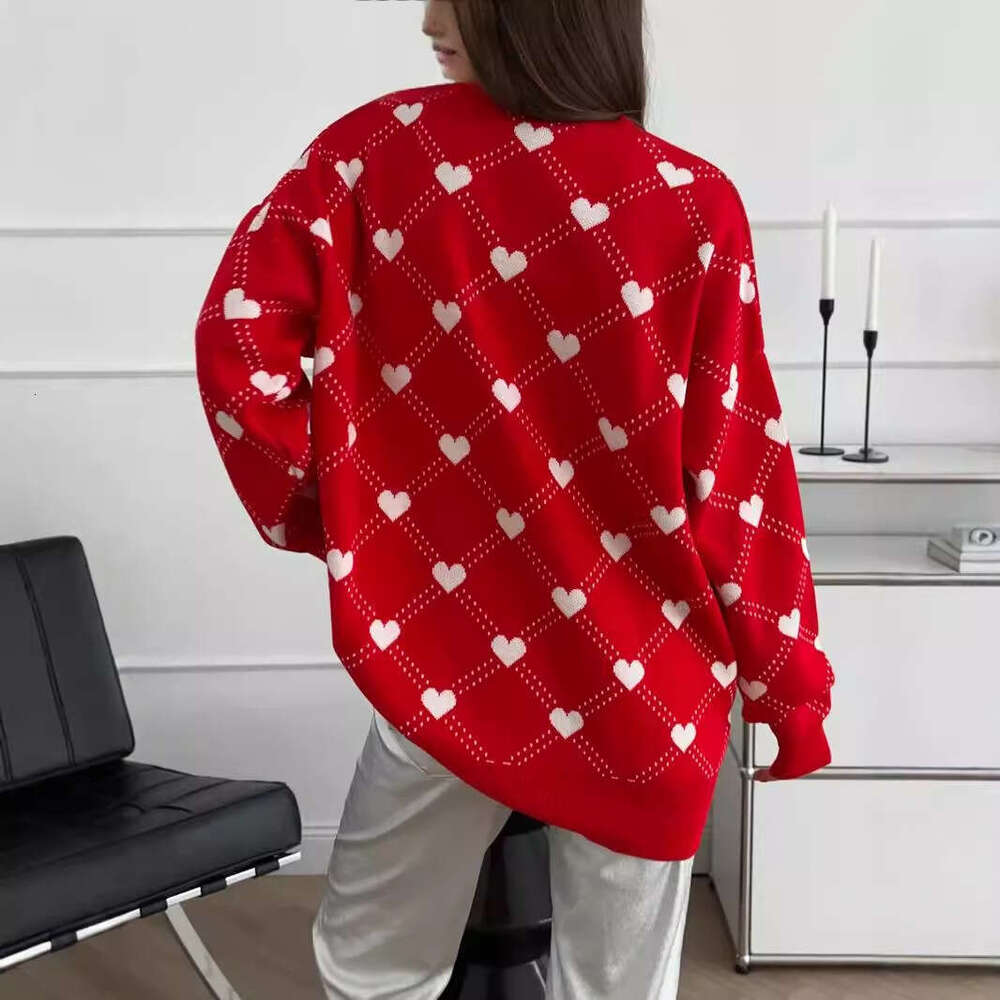 Love European American autumn and winter medium long knitted love pullover round neck sweater 2024 new style temperament chic elegant clothing