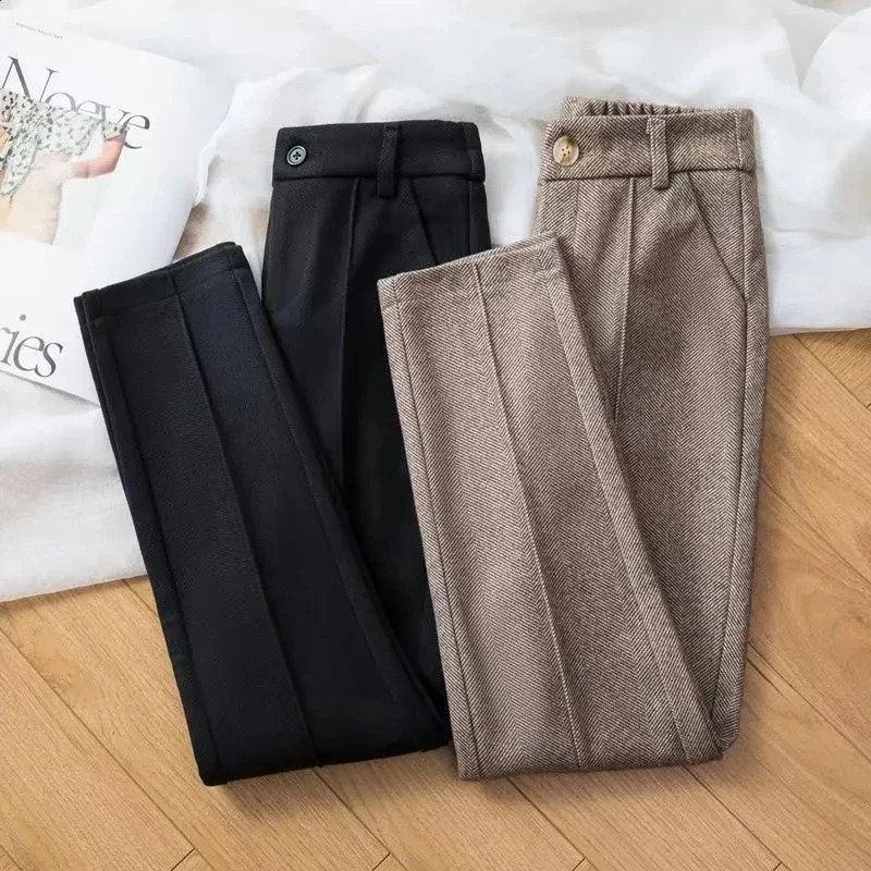 Womens Woolen Trousers 2024 Autumn Winter Fleece Elegant Straight Harem Pants Korean Version Female Warm Blazer Casual 241205