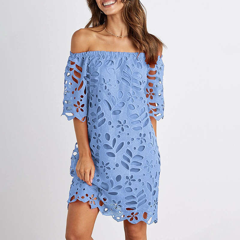 Spring Summer European American Lace Mid Sleeve Commuter Dress, strapless Fashion Short Skirt, 2024 New Style, Unique and Elegant Clothing