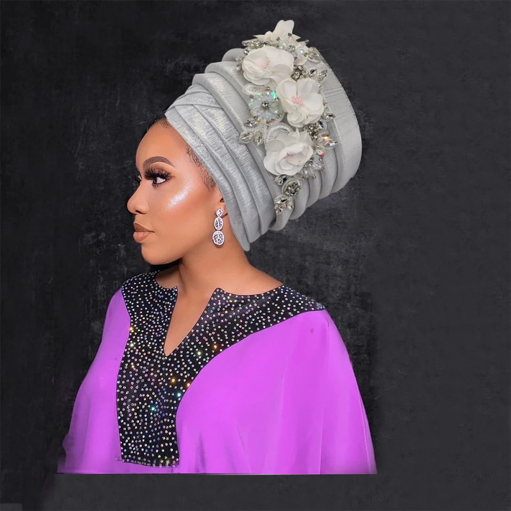 Nigeria Auto Gele Headtie Already Made Wedding Geles Female Head Wraps with Diamond Flower 2024 African Womens Turban Cap 241205