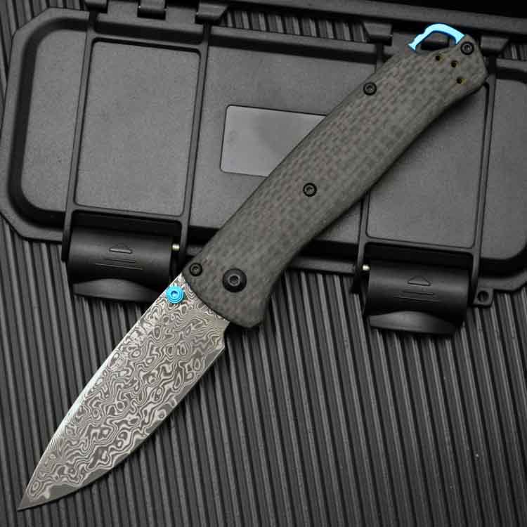 H-Models 535-3 Bugout Folding Knife 3.24 Damascus knives Satin Plain Blade, Carbon Fiber Handles