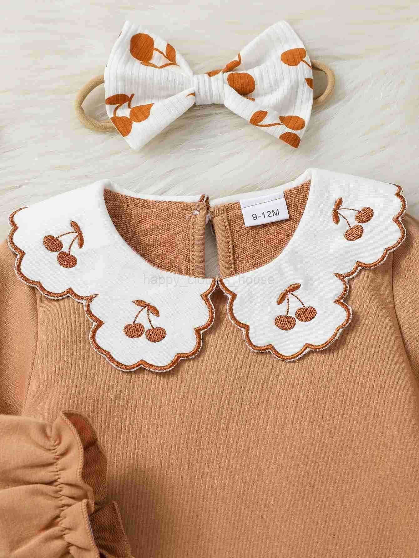 Baby Girl Fall Outfits Cherry Embroidered Doll Collar Long Sleeve Romper + Flare Pants For Newborn-18M 2Pcs Clothes SetXJ241205