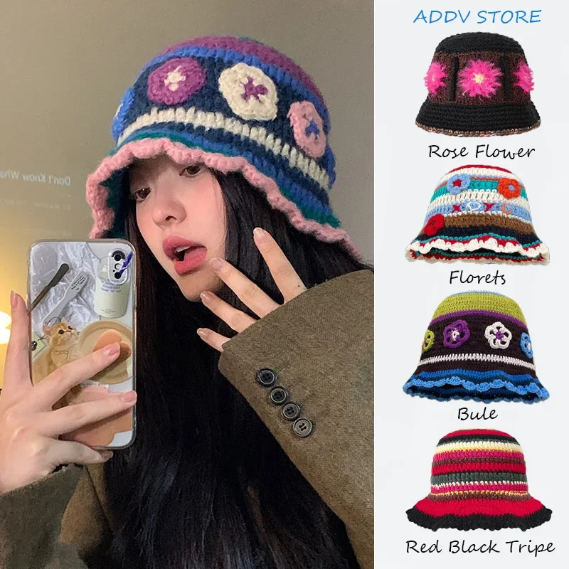 Japanese flower knitted bucket hat handmade crochet comparison striped basin hat womens autumn and winter warm wool hat 241205