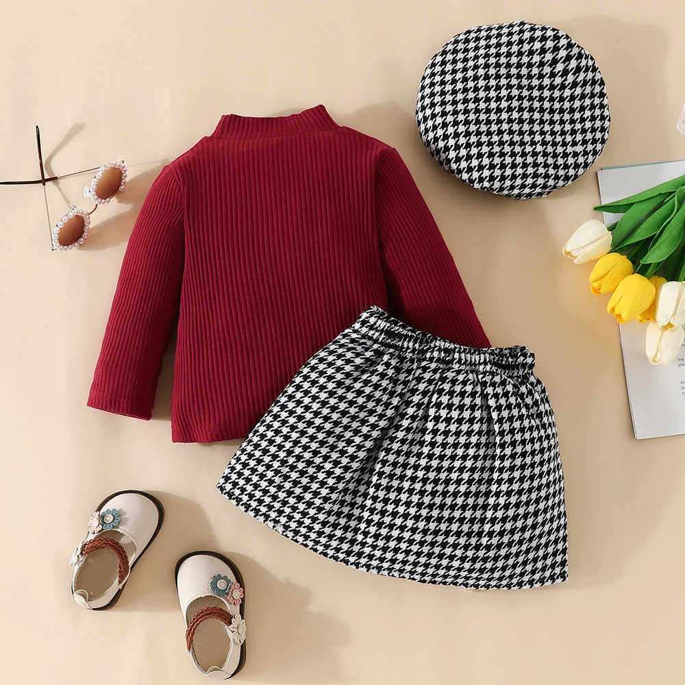 Autumn Baby Girls Clothes Set 0-3 Y Turtleneck Solid Color Top Plaid Skirt and Beret 3Pcs Toddler Christmas Clothes Girls OutfitXJ241205