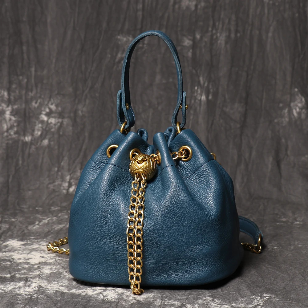 LUOKIR Metal Drawstring Versatile Womens Handbag Genuine Leather Chain Crossbody Bag Vintage Bucket Mobile Phone 241204