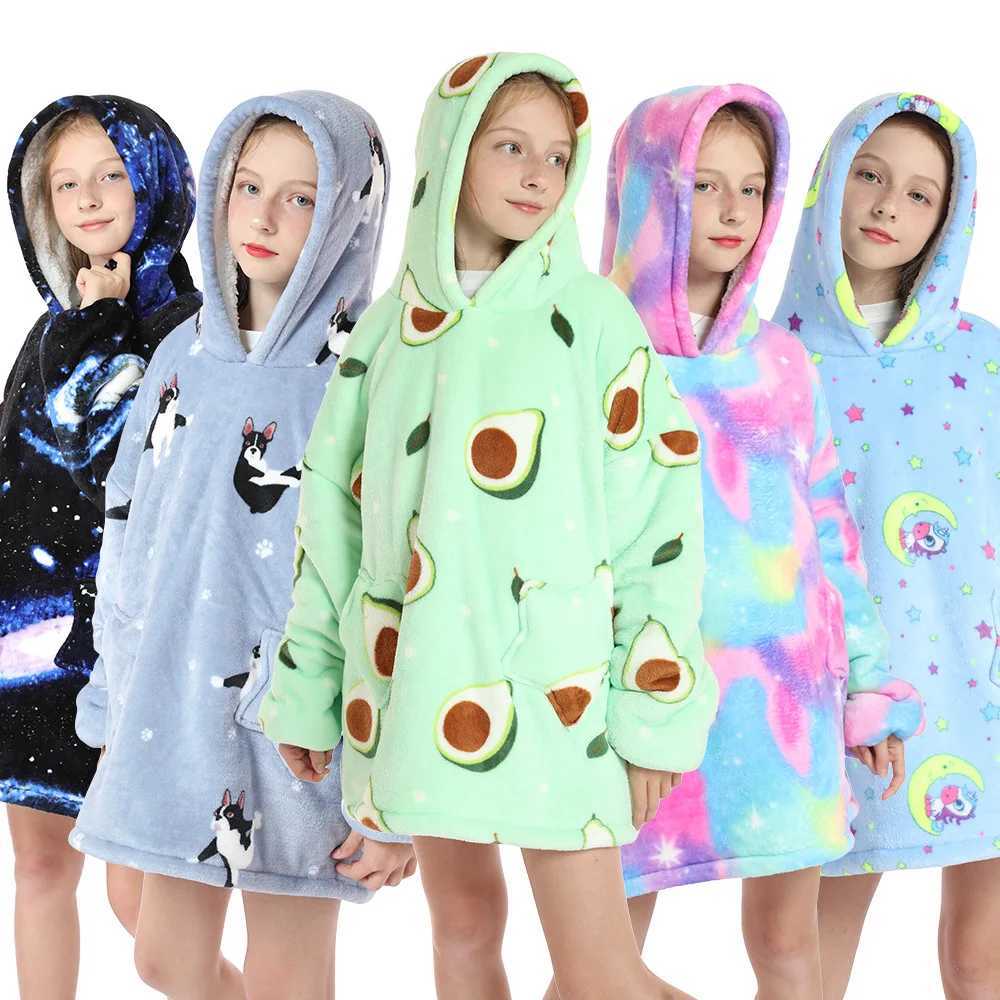 Pajamas Winter Plush Fleece Hoodies Girls Kids Oversized Blanket Thick Hooded Avocado Cow Panda Sweatshirts Children Super Warm Clothes H241205