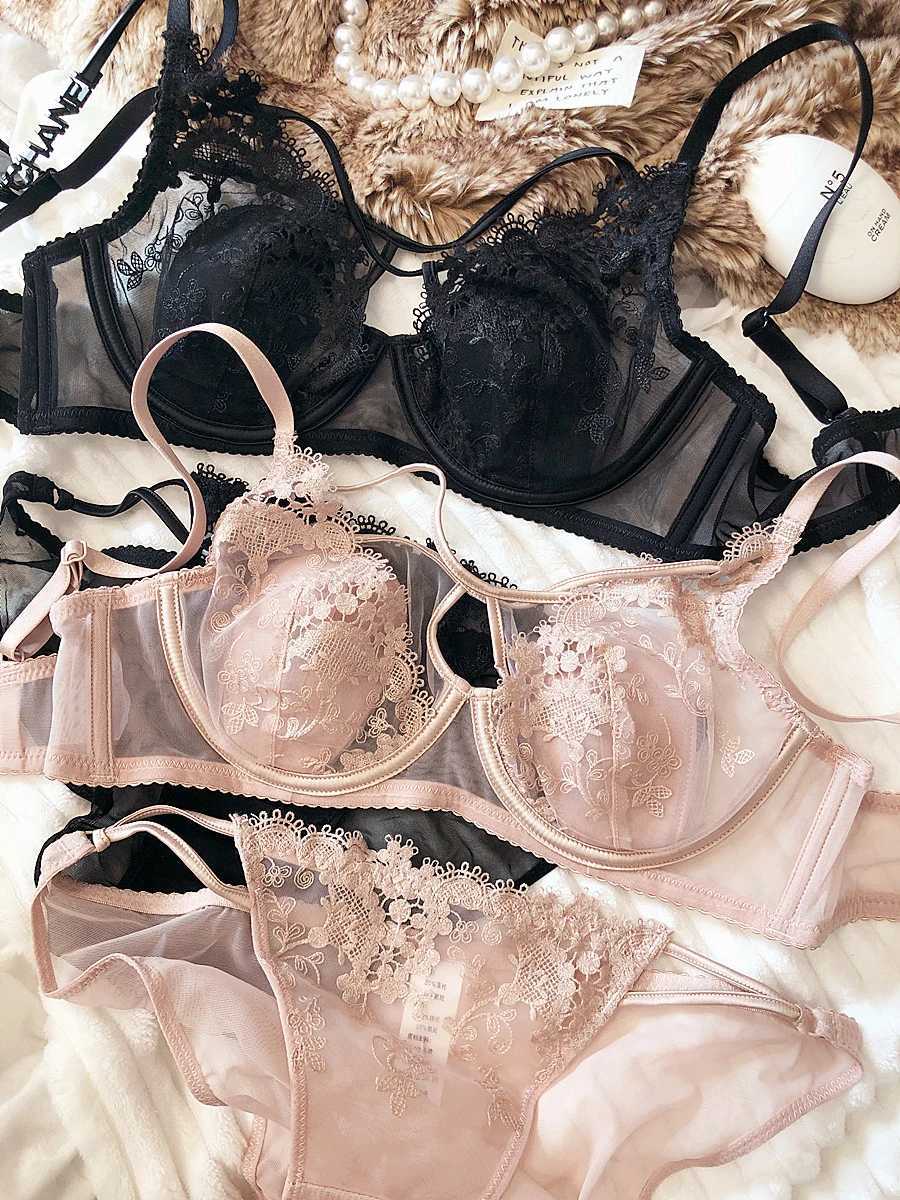 Sexy Hollow Women Underwear Lace Floral Embroidery French Ultra Thin Cup Push Up Bra Set Adjustable Strap Brassiere Panties SetsXJ241205