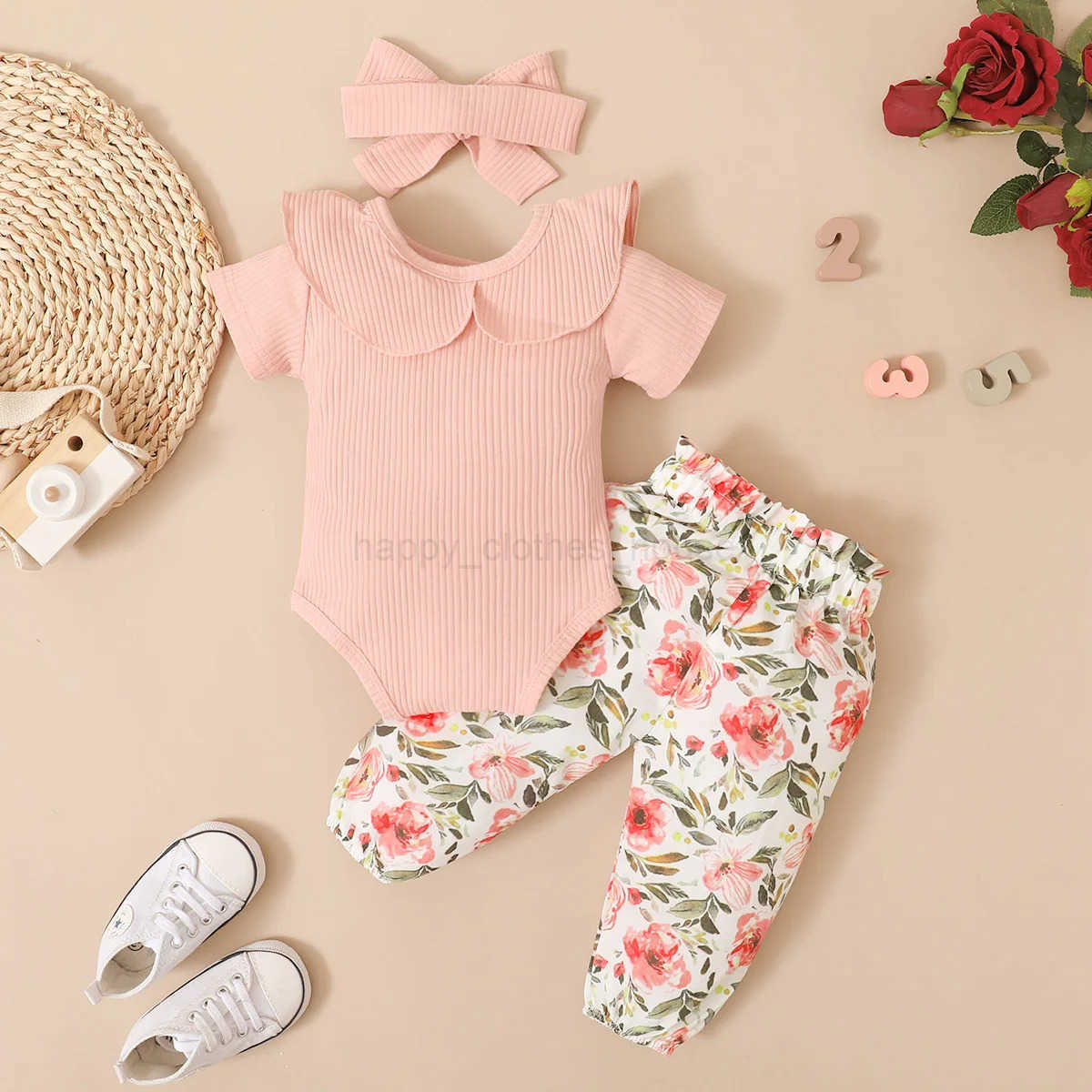 0-2 Year Old Newborn Baby Girls Summer Round Neck Short Sleeve Jumpsuit With Flower Printed Pants Cute Fashion SetXJ241205