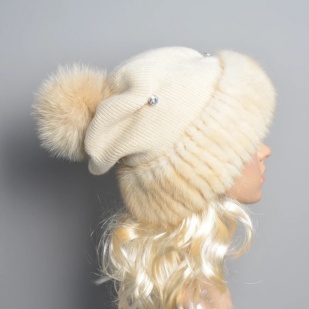High quality womens winter knitted wool Berend patch work real mink hat natural fox fur Pom Beanie womens fashion 241205