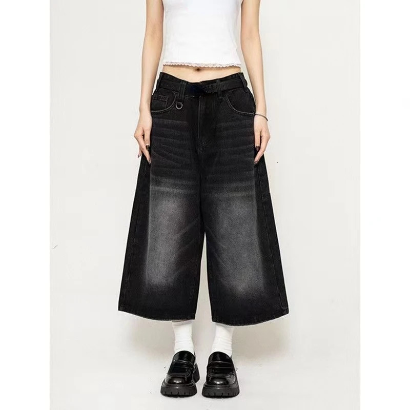 2024 Vintage Wash Whiskers Denim Shorts Women Low Rise Distressed Frayed Wide Leg Baggy Jeans Jorts Casual Summer Clothes 241204
