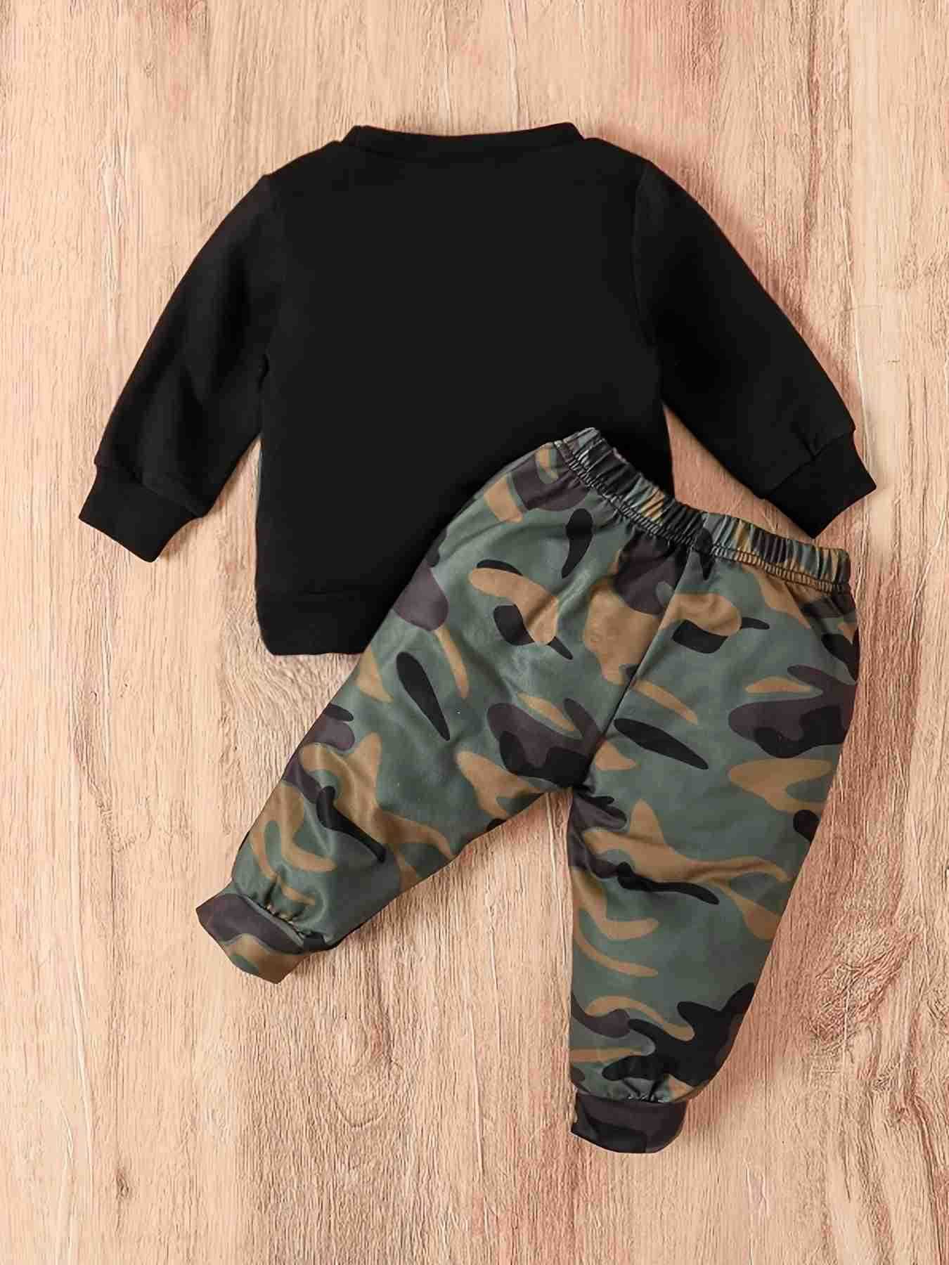 Two piece spring and autumn baby boy fashion and handsome long sleeved round neck top and camouflage pants setXJ241205