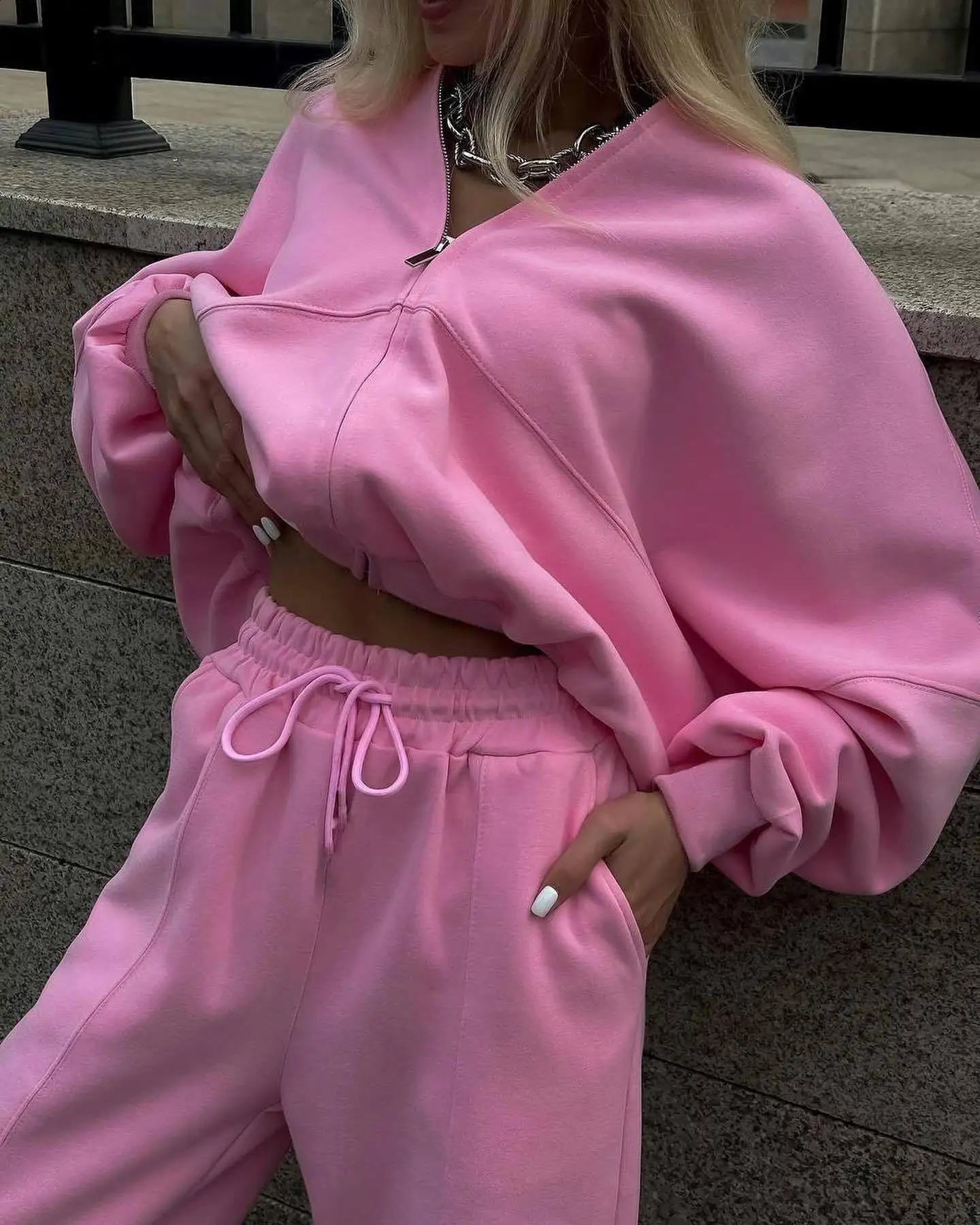 Camping outfit Loose Pink Trousers Sets For Women 2 Pieces Casual Long Sleeve Shirt With High Waist Wide Pants Set Streetwear 241205