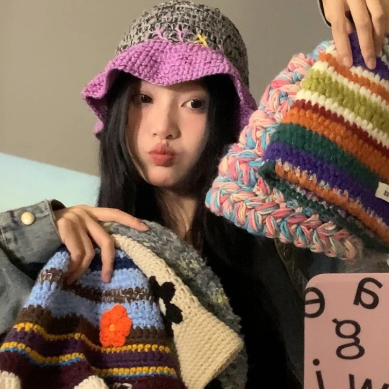 Japanese flower knitted bucket hat handmade crochet comparison striped basin hat womens autumn and winter warm wool hat 241205