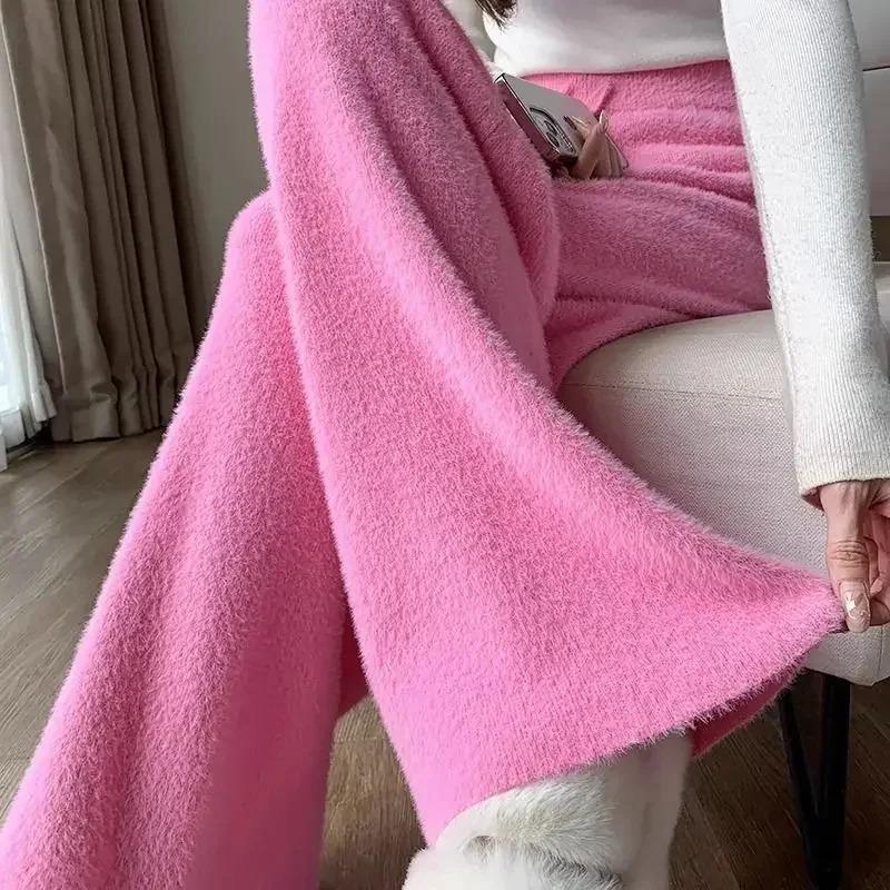 Pink mink velvet wide leg pants for womens autumn and winter loose dress casual knitted thick pants 241205