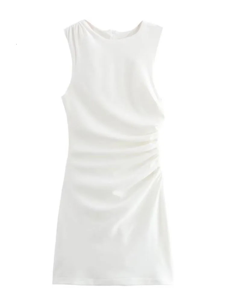 TRAF Elegant Women Solid Pleated Mini Dress Fashion O-neck Sleevless Slim FolEvening Party Dress Vintage Chic Causal Folds Dress 241205