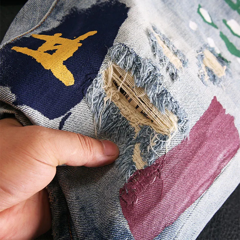 Street Fashion Men Jeans Summer Retro Blue Stretch Slim Fit Ripped Short Jeans Painted Hip Hop Denim Shorts Men 241205