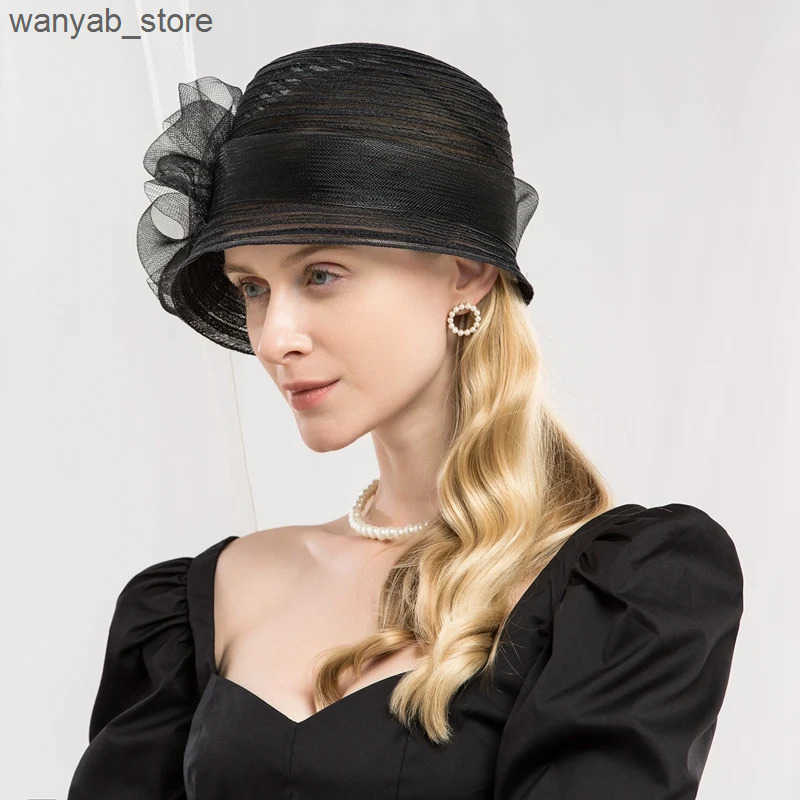 Cloches Womens Fedora Retro Black Hat with Handmade Bow Womens Cloche Bowler Church Hat L240910
