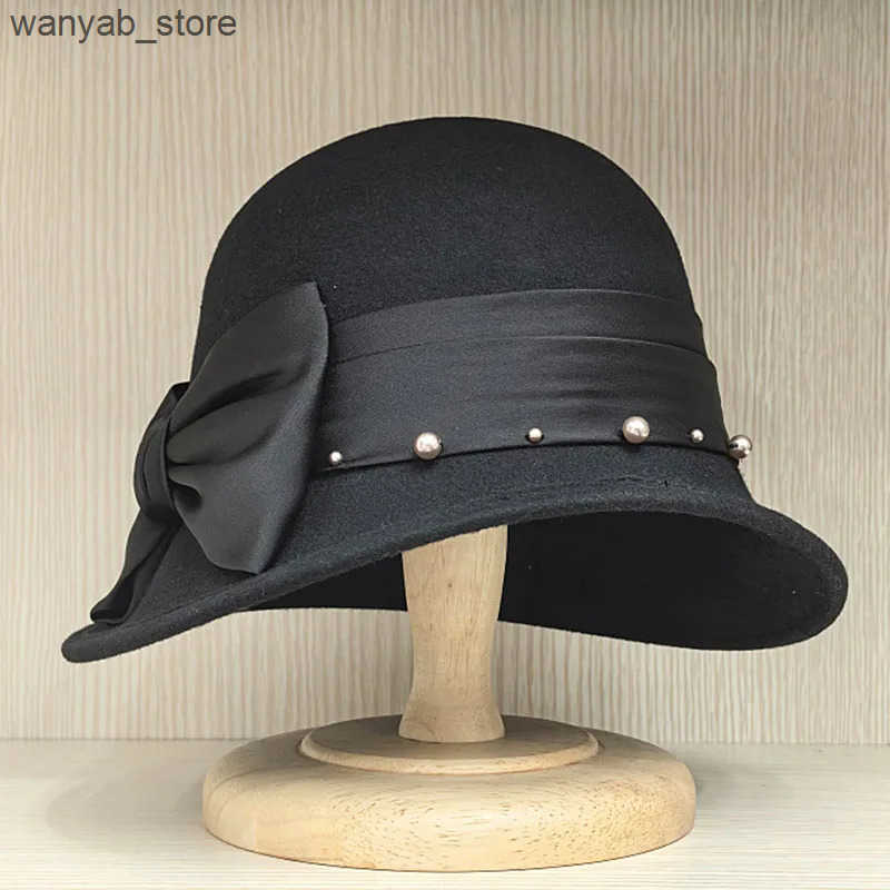 Cloches Fashion Slope Brim Felt Womens Hat Winter Wool Cloche Hat Ribbon with Pearl Bowling Hat Bucket with Bow Accent Church Party Hat L240910