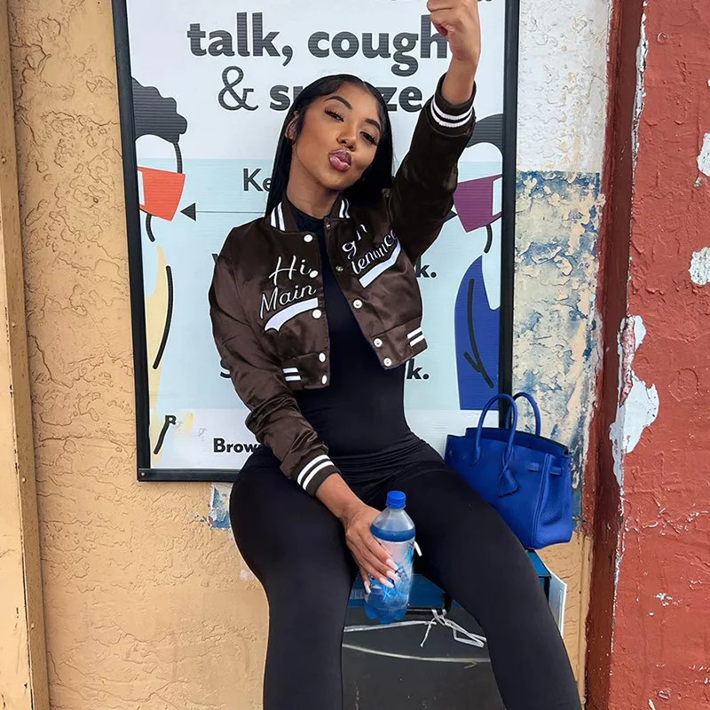 Letter Embroidery Warm Short Baseball Jacket Women Casual O-neck Slim Vintage Cropped Coat femal Top Streetwear Clothing 241205