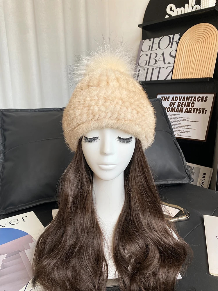 womens winter natural mink fur hat knitted real mink fox fur ball hat womens warm bear hat 241205