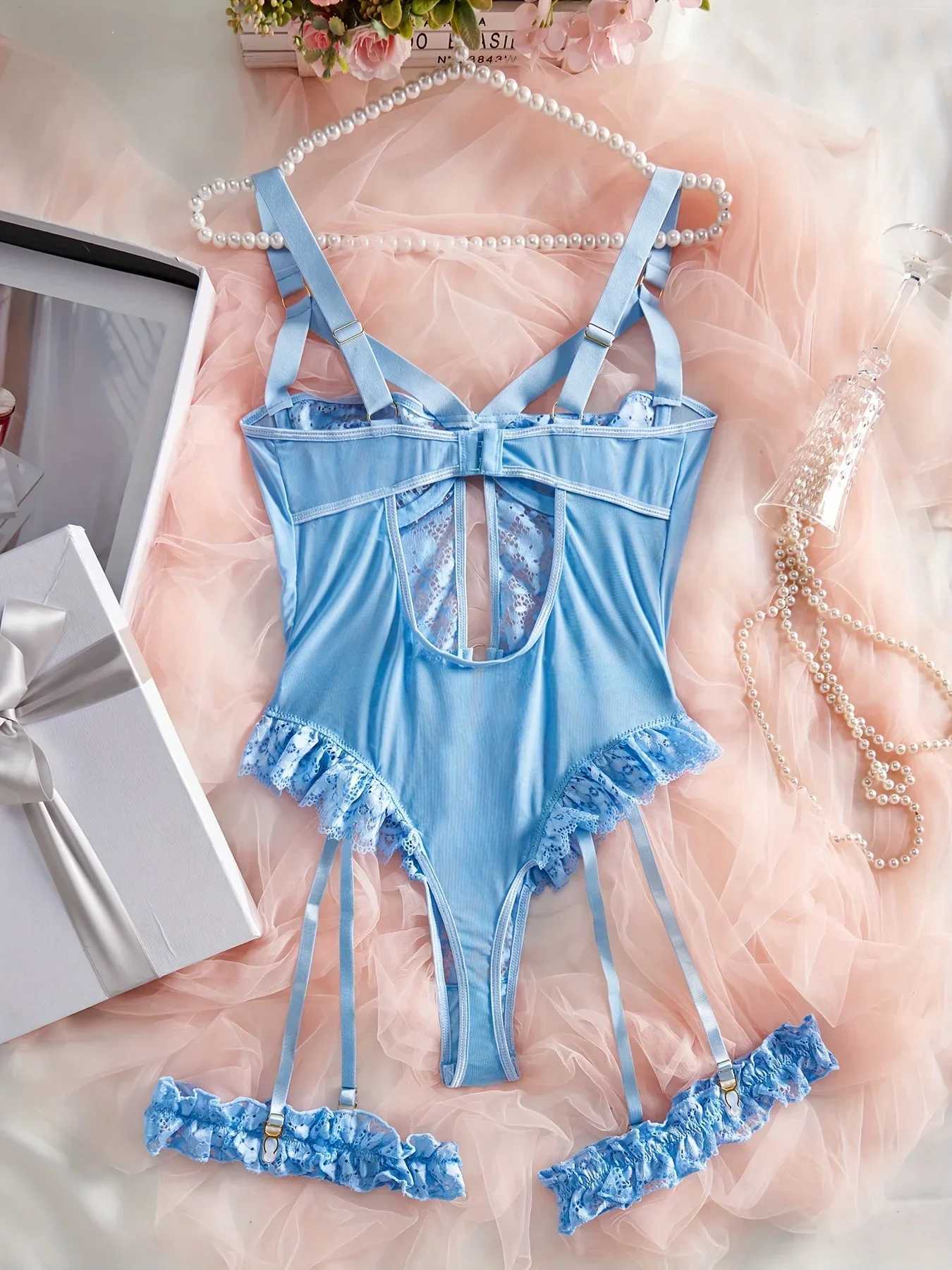 Hot Solid Contrast Lace Teddy Hollow Out Lettuce Trim Garter Belt Strappy Thong Bodysuit Womens Sexy Lingerie UnderwearXJ241205