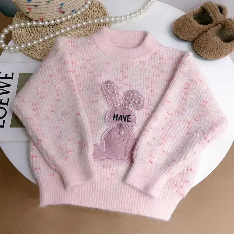 2024 Girls Latest Pink Rabbit Childrens Fashion Cute Sweater Bead Rabbit Girl Sweater Girl Knitwear W241205
