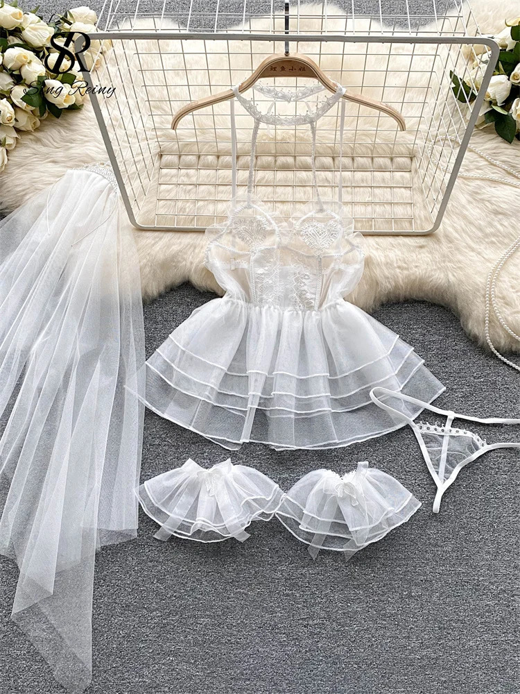 SINGREINY Wedding Cosplay Erotic Lingerie Pajamas Dress Sets Women Halter Straps Gauze Nightgowns Fashion Sheer Sexy Night Dress 241205