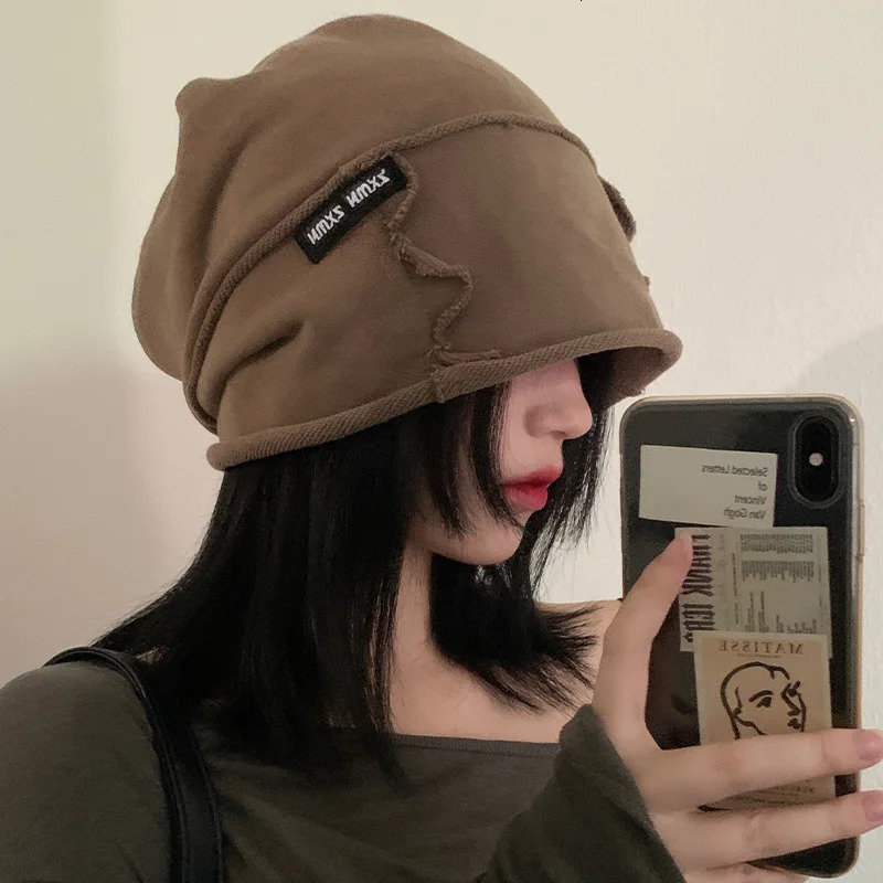 Japanese Simple Curly Headcap Womens Autumn and Winter Loose Big Head Casual Warm Cap Skull Bean Hat 241205